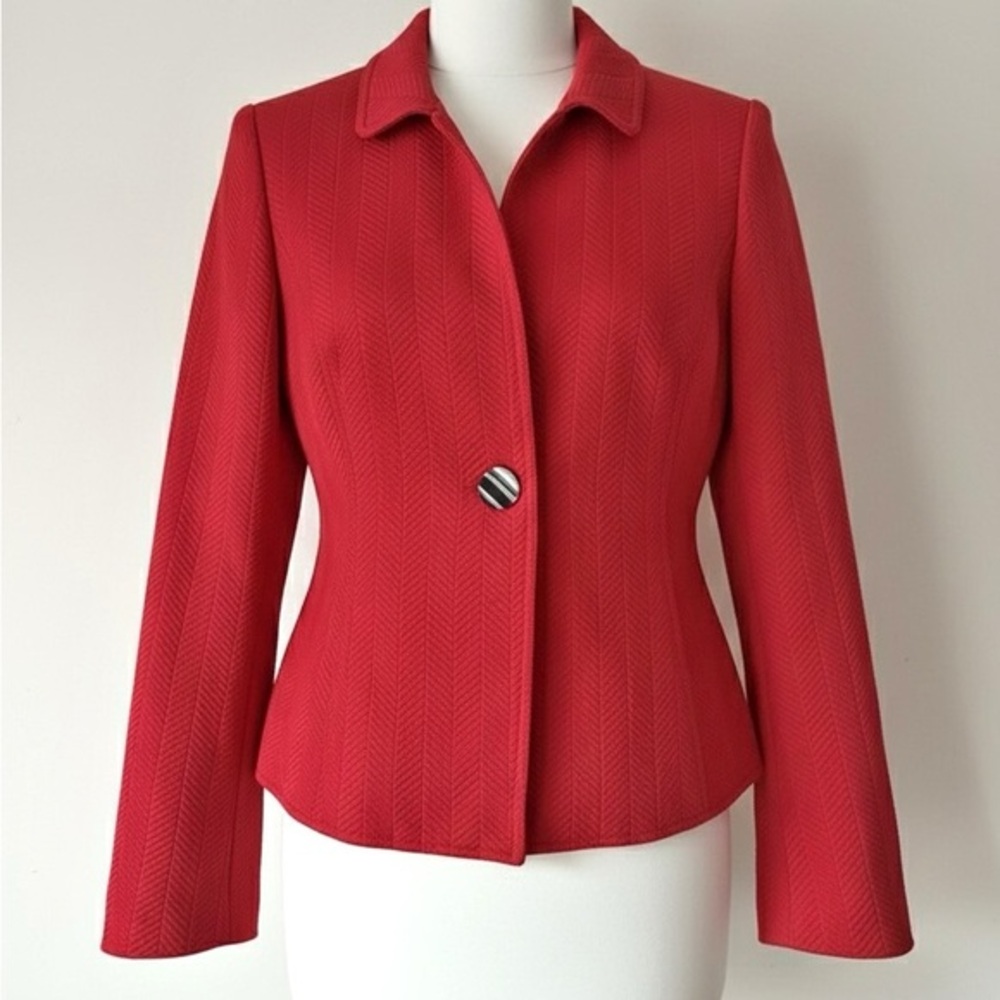 Nina McLemore Bright Red Textured Cotton One Button Blazer Silk Lined Size 2